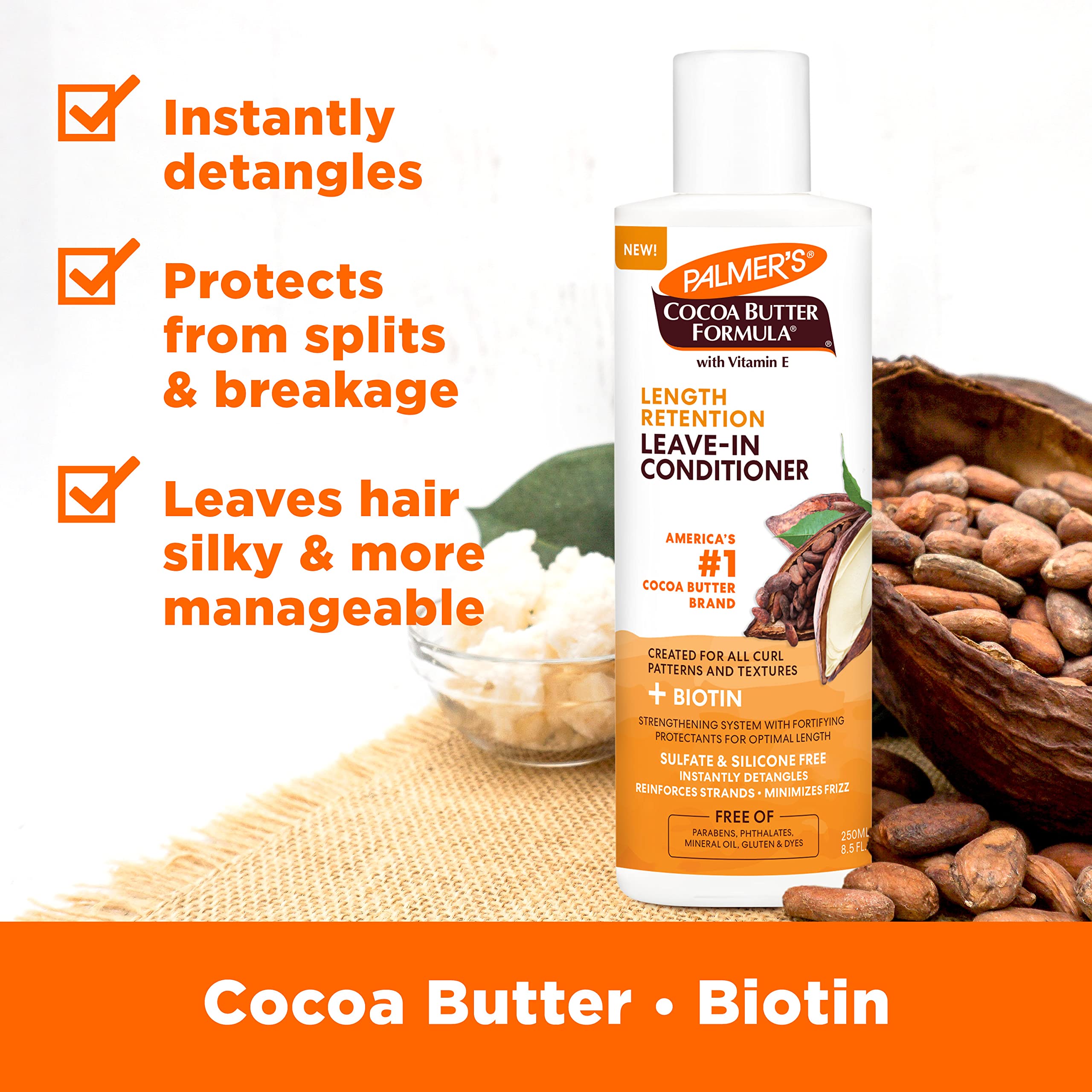 Palmer's Cocoa Butter & Biotin Length Retention Leave-In Conditioner, Instant Detangler, Soften and Strengthen Textured and Curly Hair, 8.5 Ounce